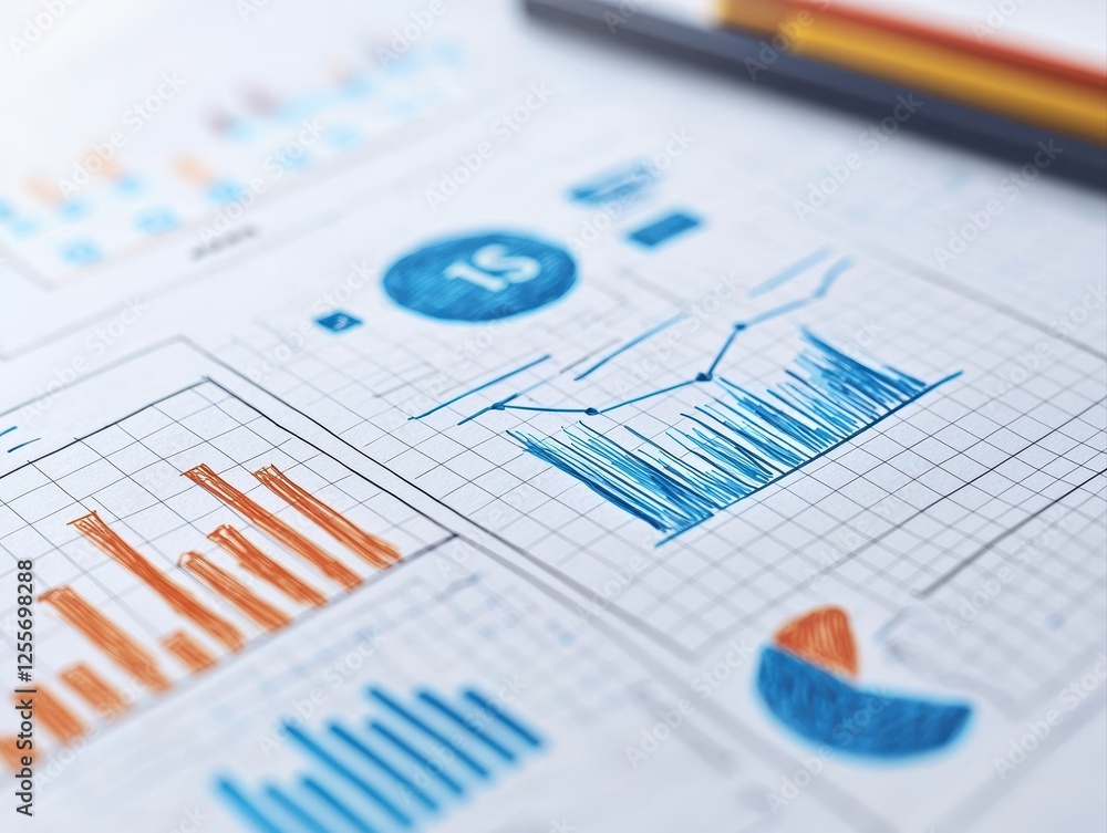 A collection of colorful graphs and charts on paper, showcasing data analysis and trends with a pen nearby. A collection of colorful graphs and charts on paper, showcasing data analysis and trends with a pen nearby.