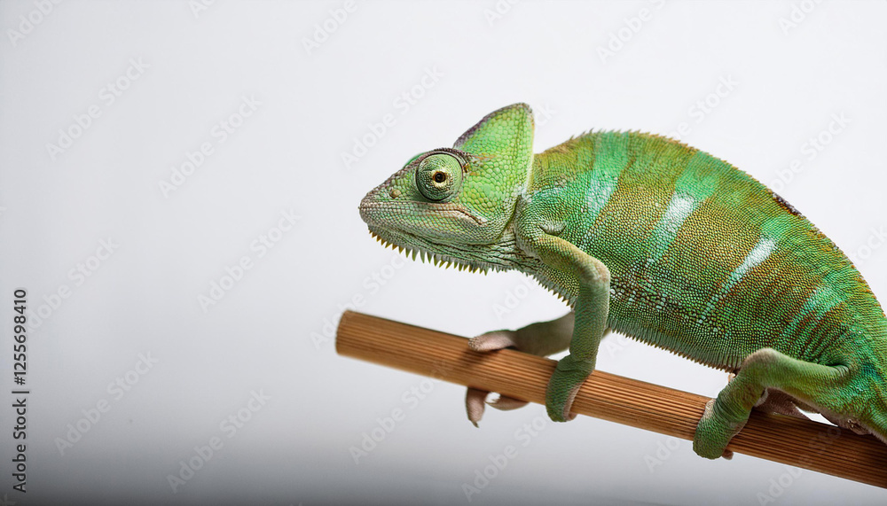 Obraz premium cute inexperienced chameleon on department in opposition to white historical past