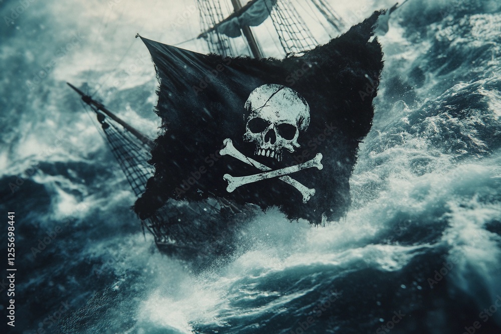 Naklejka premium A weathered pirate flag featuring skull and crossbones flying amidst a violent sea storm