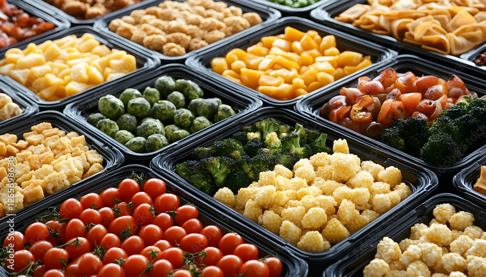 A vibrant overhead shot showcasing an array of colorful, healthy food items neatly arranged in black containers, perfect for a buffet or catering setting. A vibrant overhead shot showcasing an array of colorful, healthy food items neatly arranged in black containers, perfect for a buffet or catering setting.