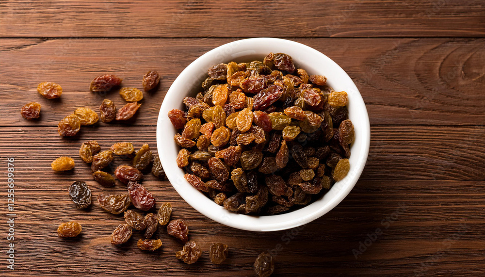 raisins in white bowl photographed overhead on wooden with copy space at the side selective awareness consciousness at the top raisins raisins in white bowl photographed overhead on wooden with copy space at the side selective awareness consciousness at the top raisins