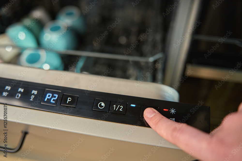 Close-up of female finger pressing button on dishwasher control panel. Woman using dishwasher in modern kitchen. Modern kitchen appliance with digital settings for efficient dishwashing Close-up of female finger pressing button on dishwasher control panel. Woman using dishwasher in modern kitchen. Modern kitchen appliance with digital settings for efficient dishwashing