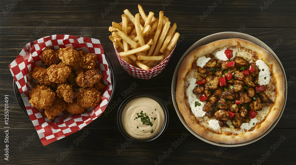 Delicious combo crispy chicken, french fries, flavorful chicken pizza & creamy sauce. Perfect for a satisfying meal. Delicious combo crispy chicken, french fries, flavorful chicken pizza & creamy sauce. Perfect for a satisfying meal.