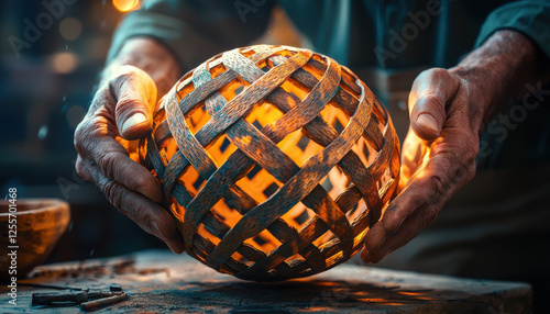 Handcrafted wooden sphere with intricate lattice pattern, glowing warmly photo