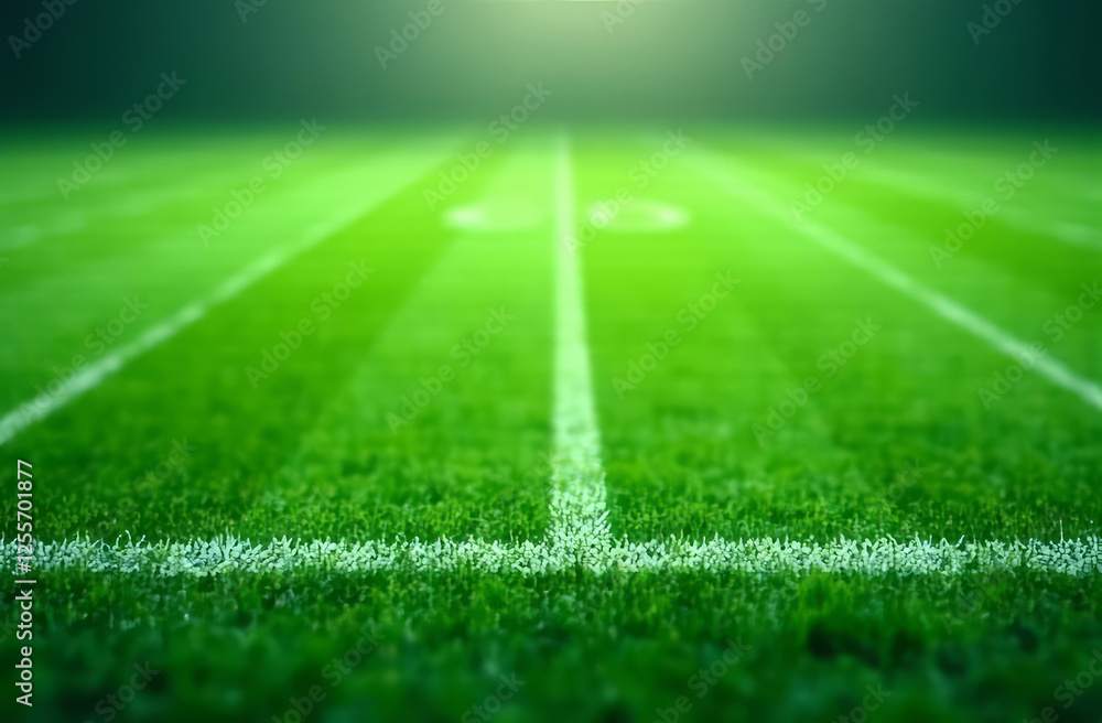 Obraz premium A green blurred background with subtle white lines, mimicking an American football field. Football Field Blur.