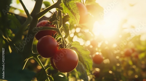 Close-up of ripe tomatoes on the vine in a sunlit garden, showcasing the freshness and vitality of homegrown produce.
