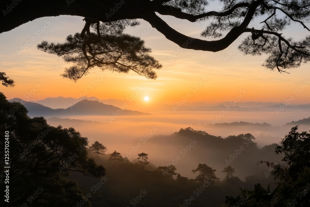 Majestic sunrise over misty mountains with silhouetted trees in tranquil landscape Majestic sunrise over misty mountains with silhouetted trees in tranquil landscape