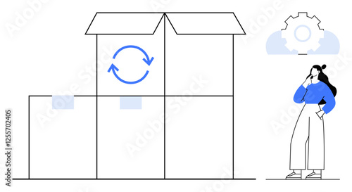 Woman standing next to stacked boxes with rotating arrows - suggests shipping, packaging, logistics. Ideal for business, workflow, inventory management, process automation, efficiency, organization