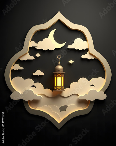 Ramadan Kareem 3D Paper Cut Posters Cards Banners and Templates with Mosque Crescent Moon Pastel Colors Arabic Text and Copyspace for Text Effect in Islamic Holy Month Concept