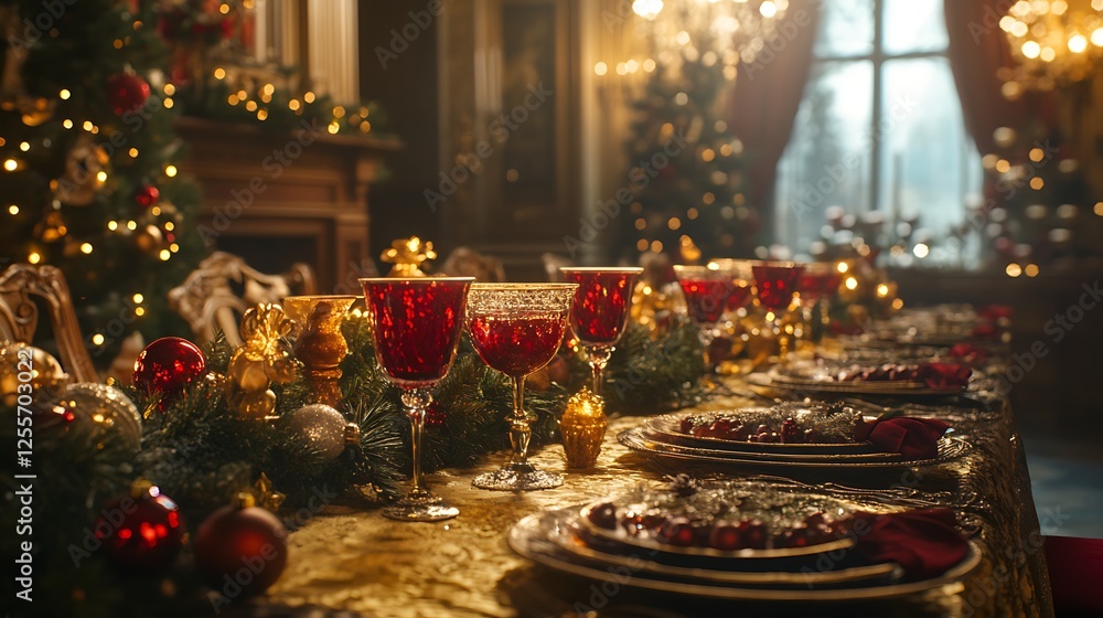 An elegant Christmas feast table with a golden tablecloth, red wine glasses, pine garlands, and shimmering ornaments, set in a beautifully lit dining room with festive decorations, cinematic lighting. An elegant Christmas feast table with a golden tablecloth, red wine glasses, pine garlands, and shimmering ornaments, set in a beautifully lit dining room with festive decorations, cinematic lighting.