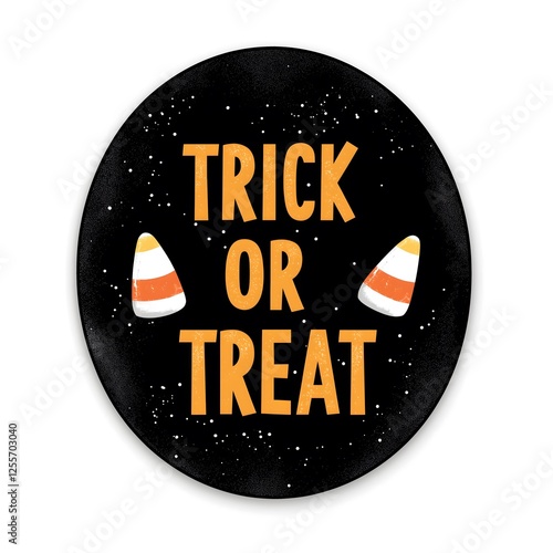 Spooky Halloween Trick Treat Candy Festive Orange Circular Night Seasonal Stars Decal Design with Classic Typography and Candy Corn Elements for October Celebration photo