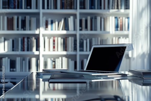 Wallpaper Mural Laptop and Books on Desk Reflecting in Glass Surface, Modern Study with Bookshelves Torontodigital.ca