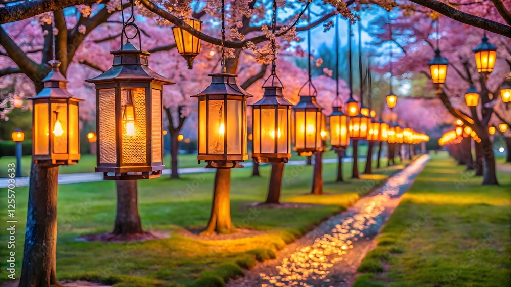Naklejka premium Illuminated Pathway with Blossoming Trees