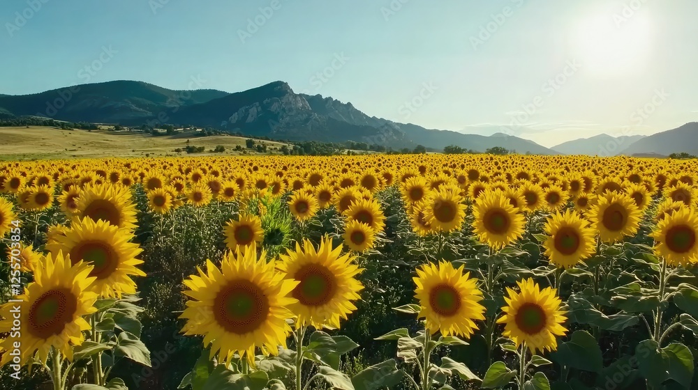 Fototapeta premium Field of golden sunflowers stretching towards the horizon under a bright blue sky, embodying the vibrancy of summer agriculture.