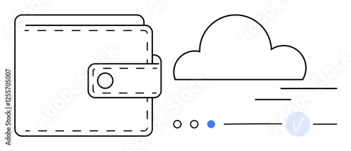 Digital wallet with cloud storage symbol and data synchronization icons. Ideal for finance, online banking, fintech, digital payments, cloud computing, data management, cybersecurity. Line metaphor