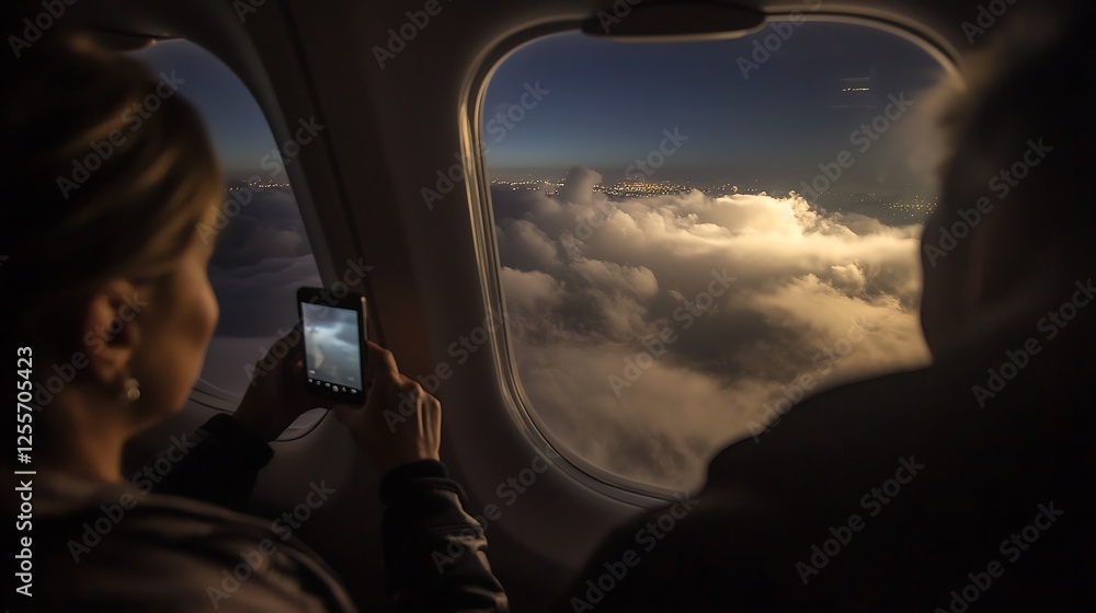 Fototapeta premium A woman is taking a picture of the clouds from an airplane window
