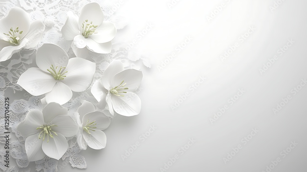 Obraz premium White Flowers Arranged on Delicate White Lace Background
