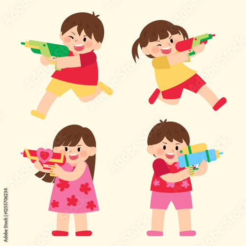 cute character playing water guns set
