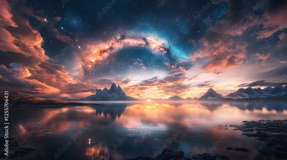 Fototapeta premium Hyper-realistic night sky over a calm lake, stars reflecting on water, dreamy pastel tones, symmetrical composition