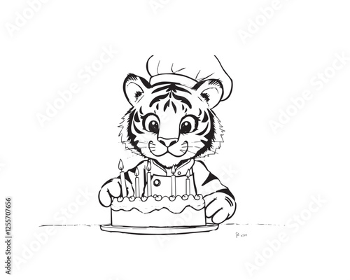 A black and white coloring book illustration of a Kawaii tiger chef baking a birthday cake with high contrast and low-key lighting. The tiger has large, captivating eyes and a lively expression. 