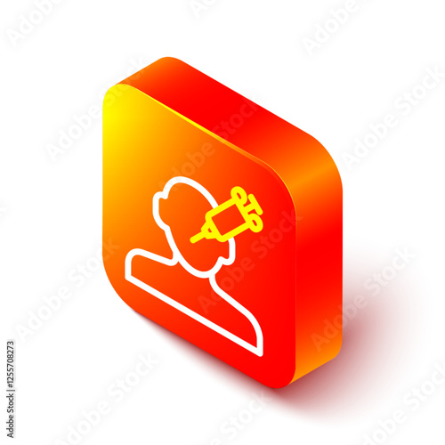 Isometric line Addiction to the drug icon isolated on white background. Heroin, narcotic, addiction, illegal. Sick junkie with a syringe and medical pills. Orange square button. Vector