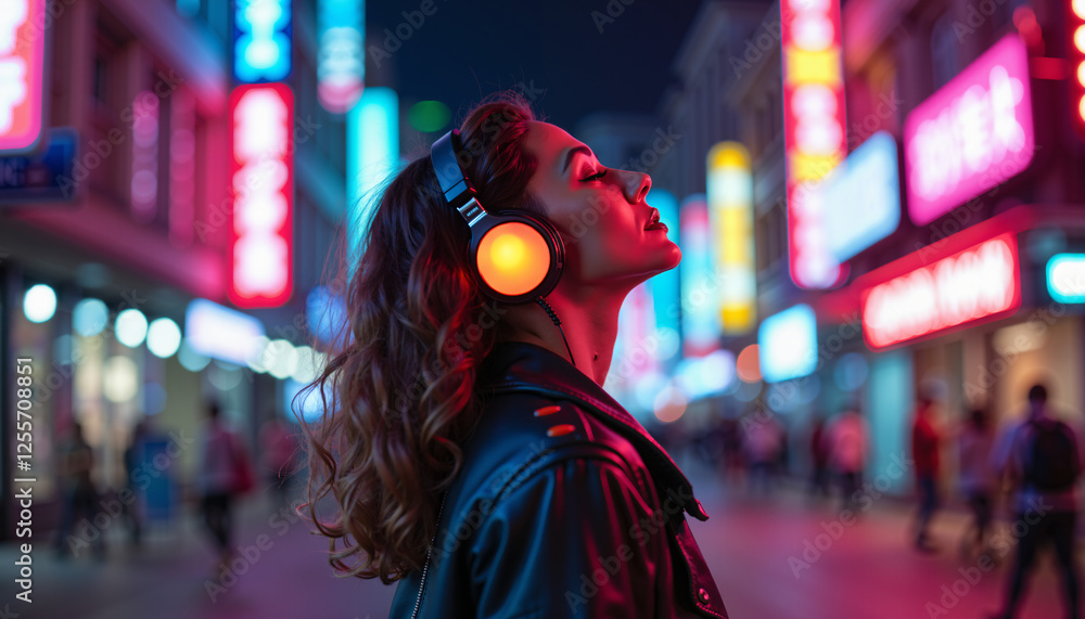 Obraz premium Young Woman Listening to Music in Vibrant Neon City at Night