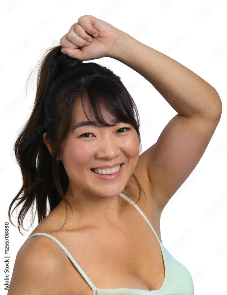 A smiling Asian woman with long hair, tied back, wearing a light blue top, poses against a white background. A smiling Asian woman with long hair, tied back, wearing a light blue top, poses against a white background.