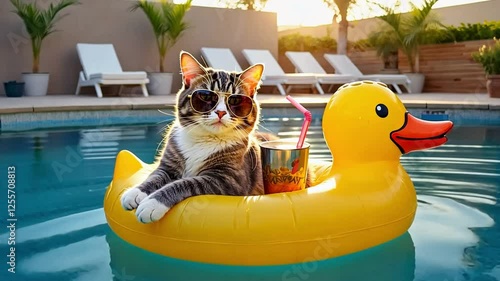 Cheerful cat with glasses with cocktail and inflatable circle in pool