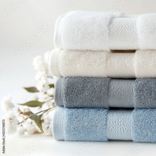 Luxurious Bath Towels: A stack of four plush, absorbent bath towels in a calming palette of white, beige, gray, and blue. Each towel is meticulously folded.