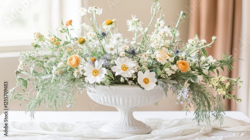 Whimsical garden-inspired flower arrangement with soft wildflowers and greenery.