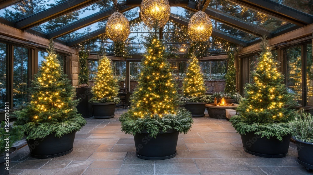 Obraz premium Winter indoor garden with potted evergreens, pinecones, and warm ambient lighting.