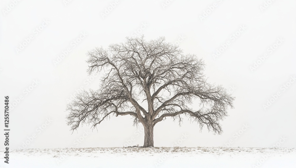 Obraz premium Winter Landscape: Lone Tree Stands in Snowy Field, a Serene Winter Scene, Cold and Still Atmosphere