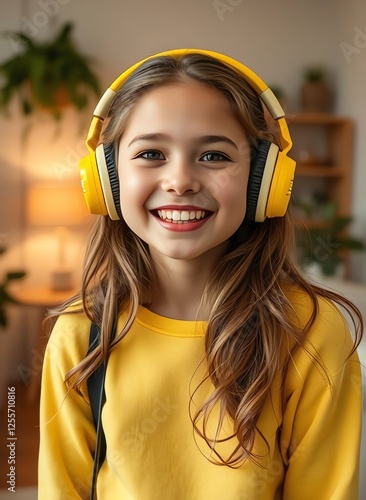 an image of a young girl wearing headphones and smiling, girl wearing yellow headphones and smiling at camera photo