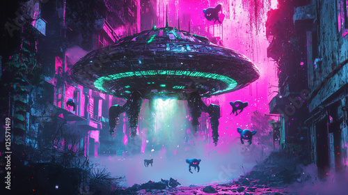 A glowing alien spaceship hovers in neon ruins, surrounded by mysterious floating creatures in a misty urban landscape photo