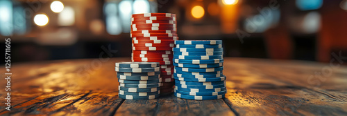 Stacks of Red and Blue Casino Poker Chips on Wooden Table