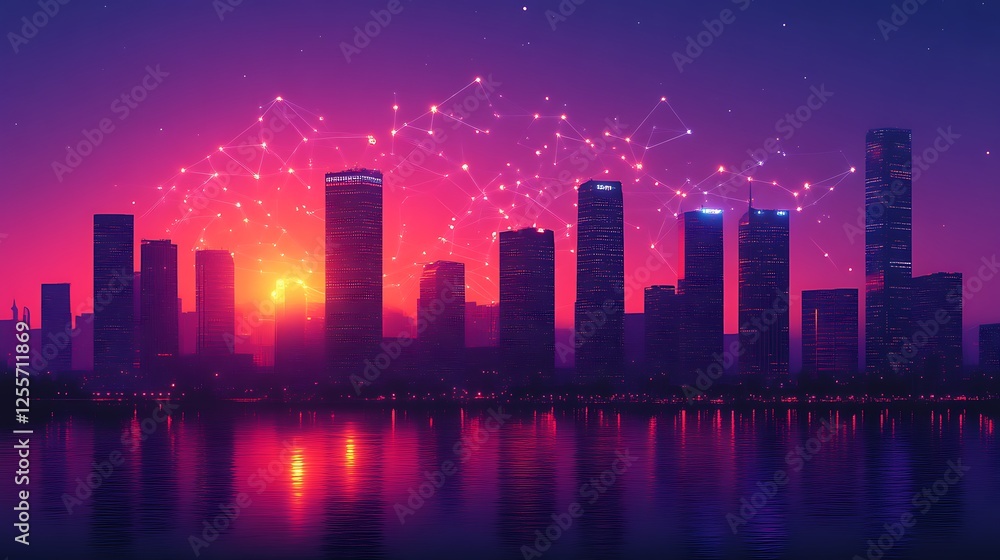 Cityscape at Sunset with Network Connections Cityscape at Sunset with Network Connections