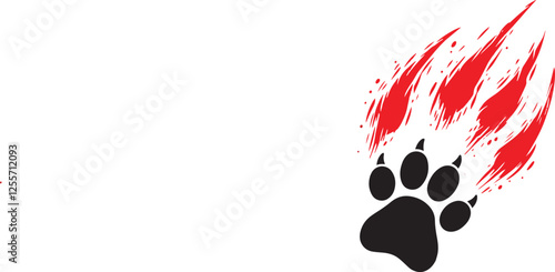 Animal paw print silhouette with red claw marks, scratches, talons cuts cat, tiger, dog, lion, monster isolated on white background. Vector flat illustration. Design for animal print, banner, poster 