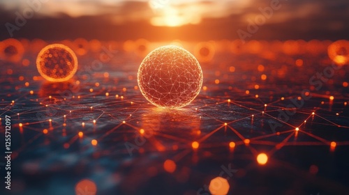 Interconnected spheres symbolize global business networks, reflecting collaboration and unity in a minimalist design.