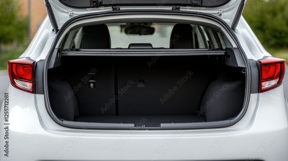 Open Car Trunk, Empty Hatchback, Silver Car Open Car Trunk, Empty Hatchback, Silver Car