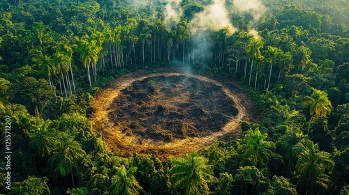 Aerial view of a deforested area surrounded by lush trees, showing environmental impact with smoke rising from the barren land.