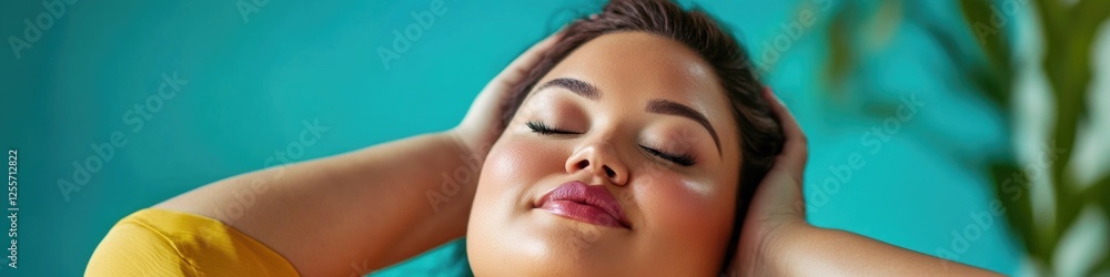 Fototapeta premium A person in a meditative pose with their eyes closed and hands on their head