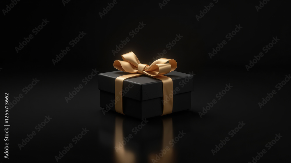 Obraz premium black gift box with golden ribbon on reflective surface, creating luxurious feel