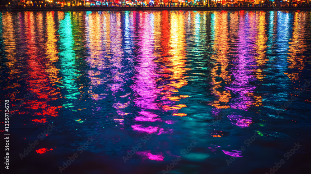 Obraz premium A vibrant city river at night with neon reflections from nearby buildings shimmering across the water creating a kaleidoscopic effect.
