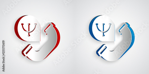 Paper cut Online psychological counseling distance icon isolated on grey background. Psychotherapy, psychological help, psychiatrist online consulting. Paper art style. Vector