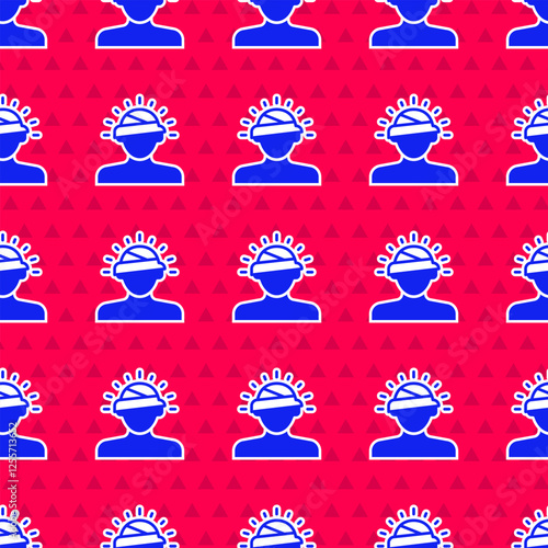 Blue Concussion, headache, dizziness, migraine icon isolated seamless pattern on red background. Vector
