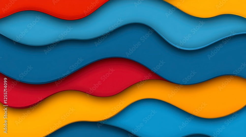 Fototapeta premium Abstract design with overlapping wavy layers in vibrant colors. Red, blue, and yellow waves create a textured, three dimensional effect