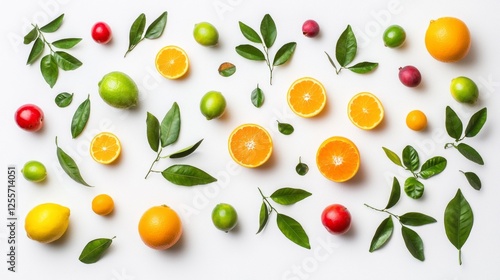 A delightful arrangement showcases various fruits including lemons, oranges, limes, and berries, complemented by lush green leaves, evoking a sense of freshness and creativity