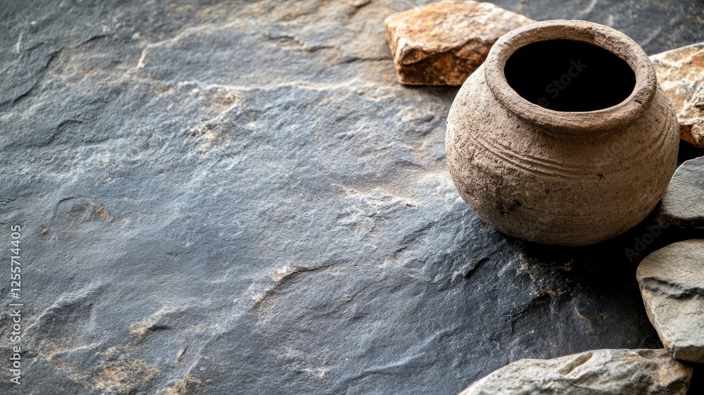 Ancient clay pot on rocky surface, rustic setting Ancient clay pot on rocky surface, rustic setting