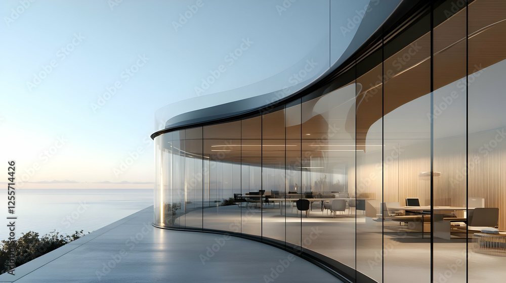 Fototapeta premium Modern Glass Office Building with Stunning Ocean View
