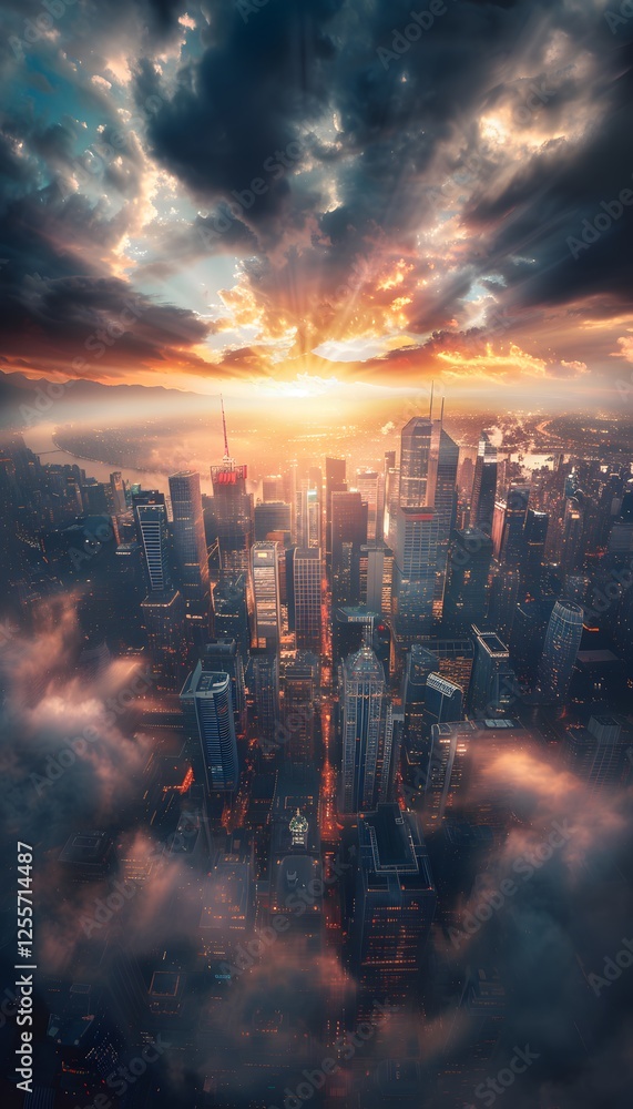 Fototapeta premium Retro-futuristic cityscape at sunset, glowing neon reflections on towering skyscrapers, bold colorful tones, dynamic storytelling with cinematic framing, nostalgic atmosphere